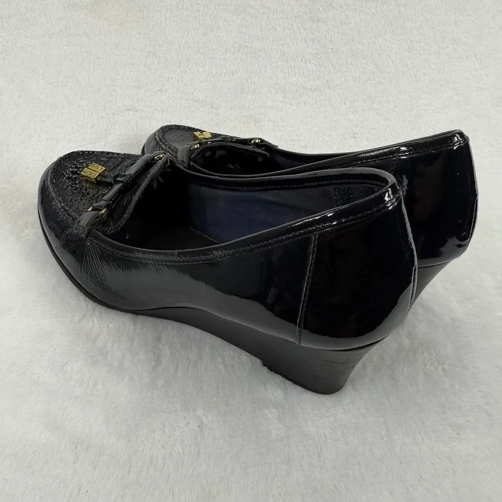 Lauren Ralph Lauren‎ Black Patent Leather Wedge Loafers with Gold Accents 8 READ